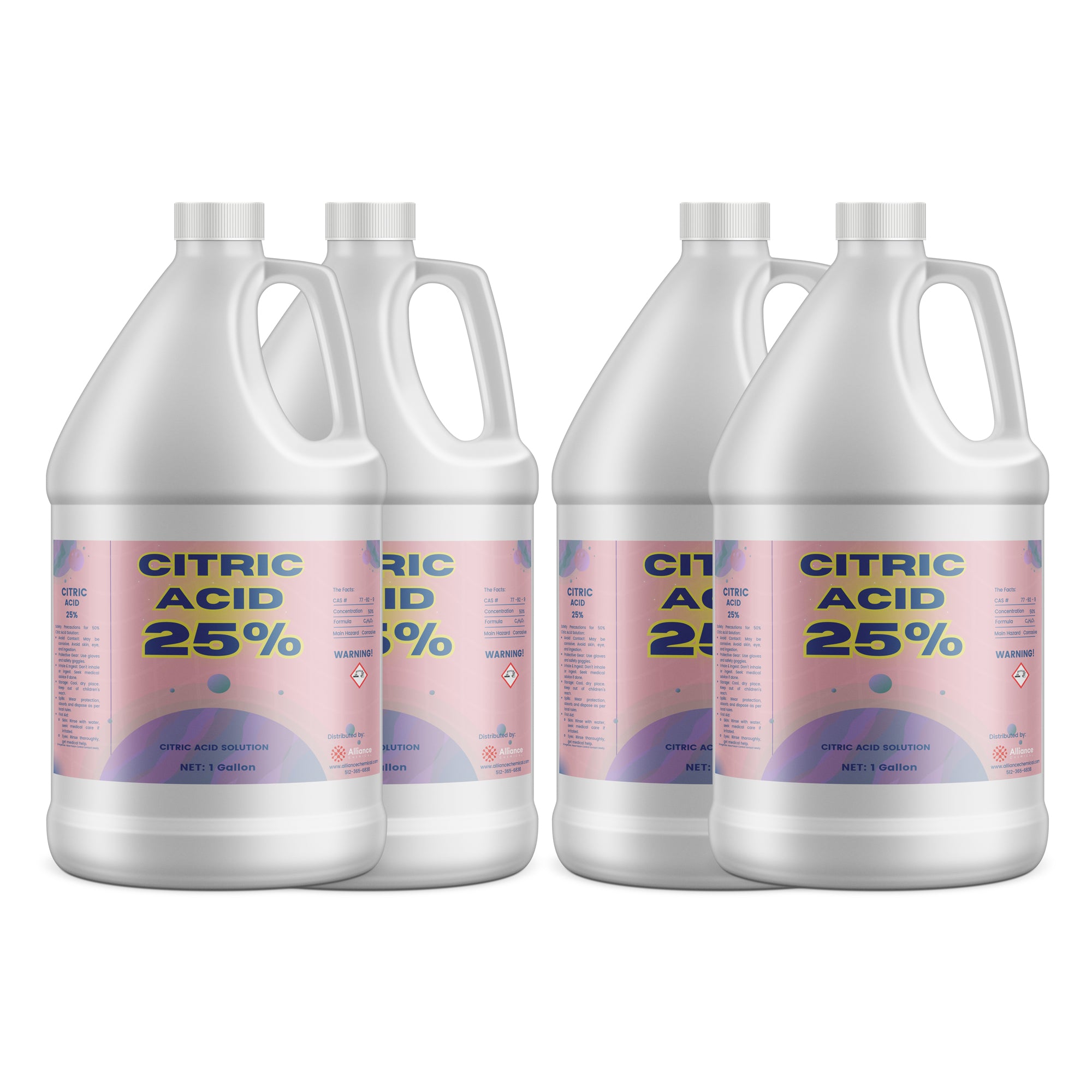 4x1-gallon HDPE jugs of 25% Citric Acid solution with hazard warning symbols, pink-purple gradient labels, white screw caps, chemical specifications on industrial containers.