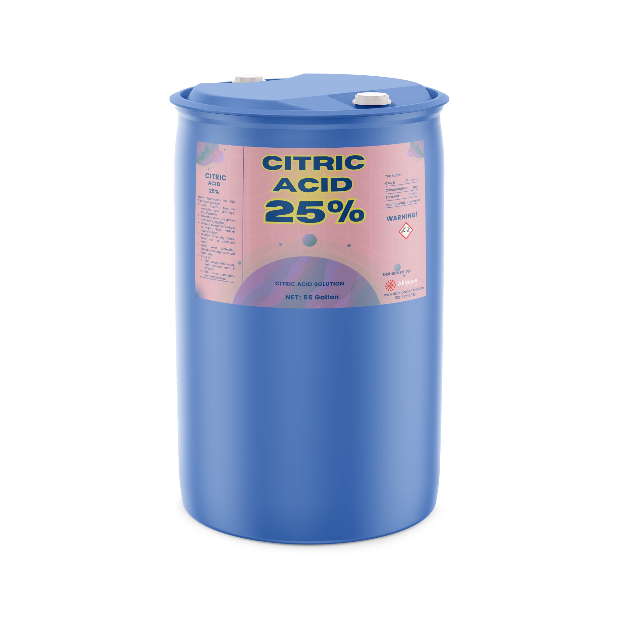 55-gallon blue HDPE drum containing 25% citric acid solution with GHS warning label, pink-gradient product label, and dual-port sealed lid system.