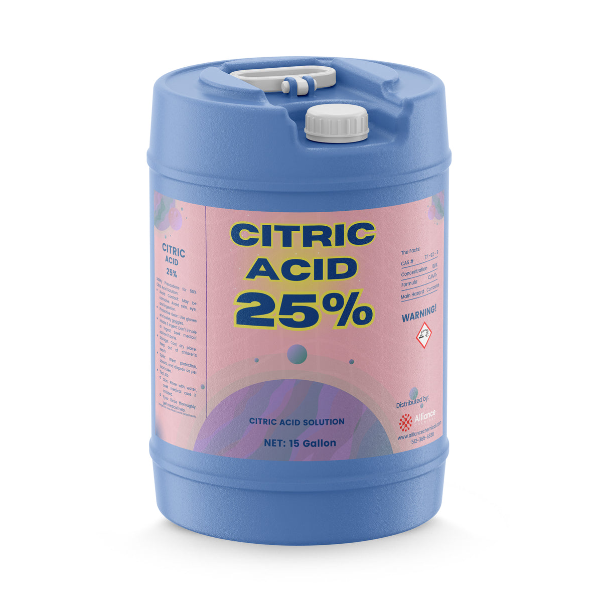 One 15-gallon HDPE pail of Alliance Chemical Citric Acid 25% Solution with a white screw cap and a pink label.