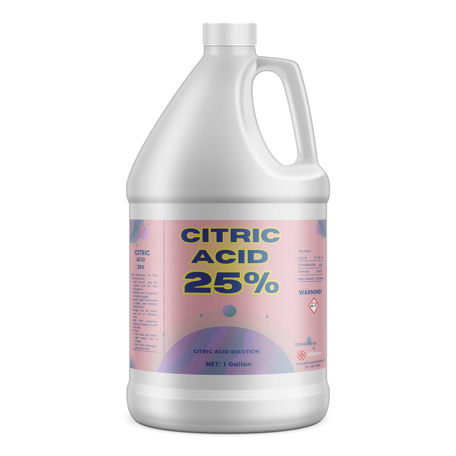 One-gallon industrial citric acid solution (25% concentration) in white HDPE jug with gradient pink label, hazard warning symbol, and ribbed safety cap.