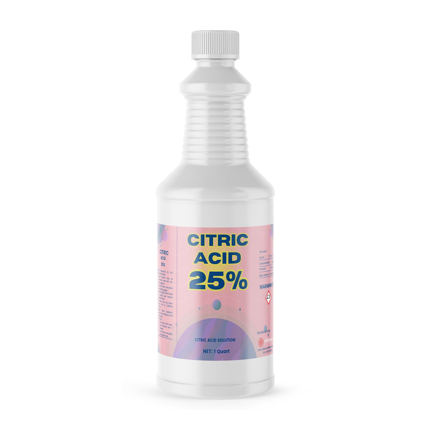 1-quart citric acid 25% solution in white HDPE bottle with safety cap, gradient pink label design and GHS warning symbols, industrial-grade chemical.