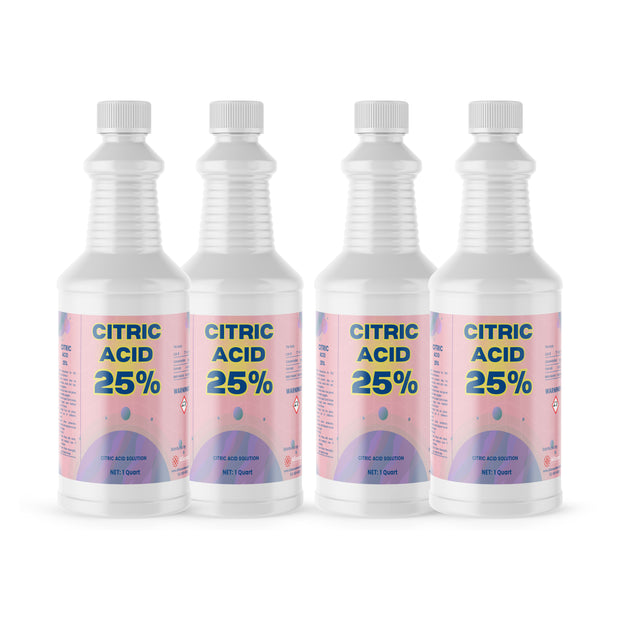 Four 1-quart plastic bottles of Alliance Chemical Citric Acid 25% Solution with white caps and product labels.