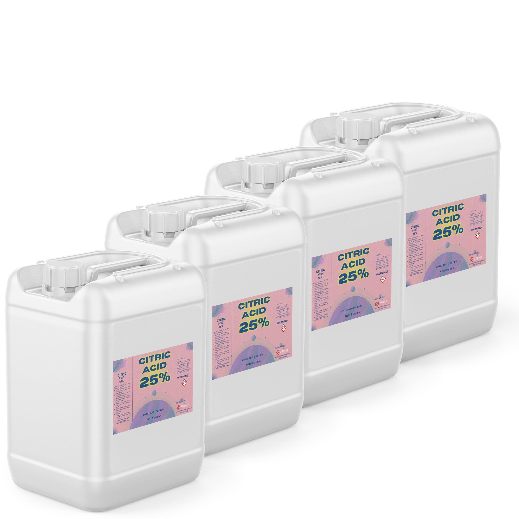 4x5-gallon HDPE jugs of 25% Citric Acid solution in white industrial containers with pink-purple gradient labels and hazard warnings.