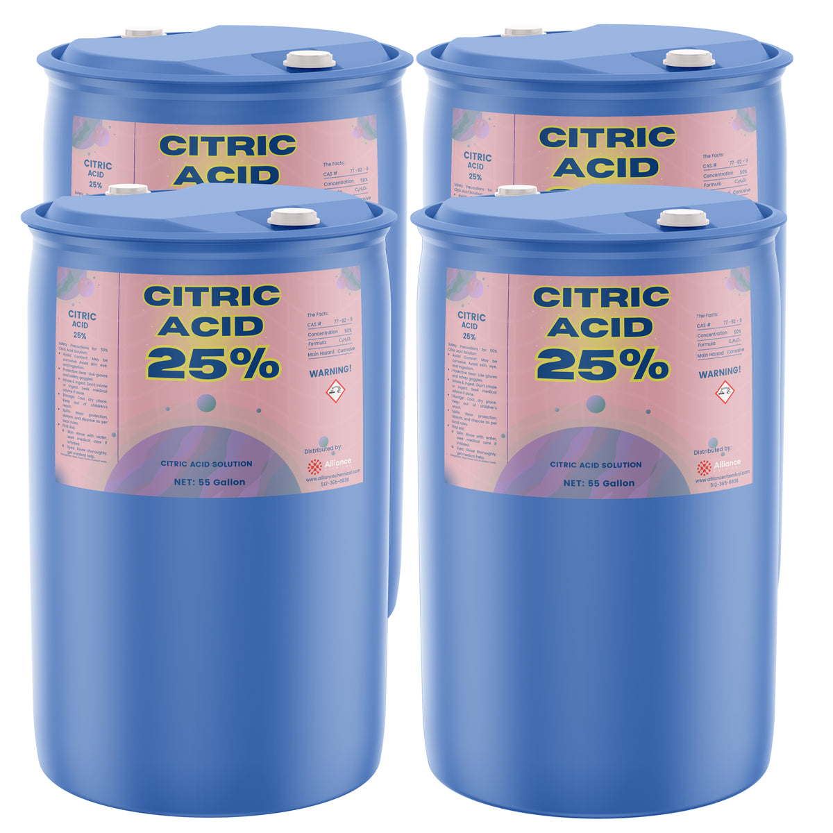 Four 55-gallon blue plastic drums of Alliance Chemical Citric Acid 25% Solution with white caps and product labels.