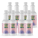 Eight 1-quart plastic bottles of Alliance Chemical Citric Acid 25% Solution with white ribbed screw caps and labels