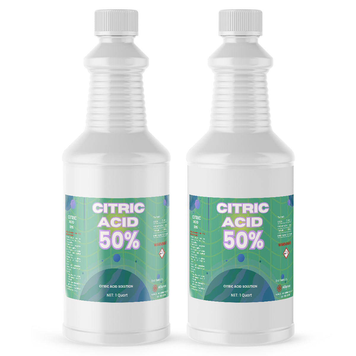 Two 1-quart plastic bottles of Alliance Chemical Citric Acid 50% Solution with white screw caps and product labels.