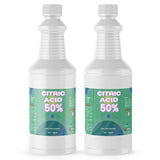 Two 1-quart plastic bottles of Alliance Chemical Citric Acid 50% Solution with white screw caps and product labels.