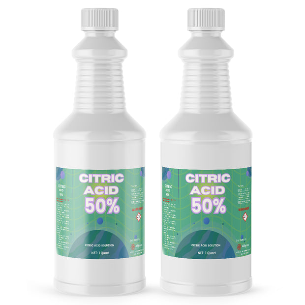 Two 1-quart plastic bottles of Alliance Chemical Citric Acid 50% Solution with white screw caps and product labels.