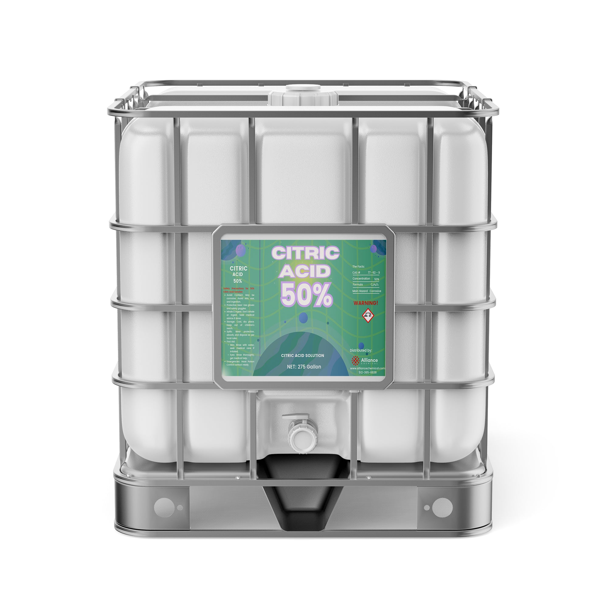 275-gallon IBC tote of 50% citric acid solution with metal cage frame, integrated spigot, hazard warning label and Alliance Chemical branding.