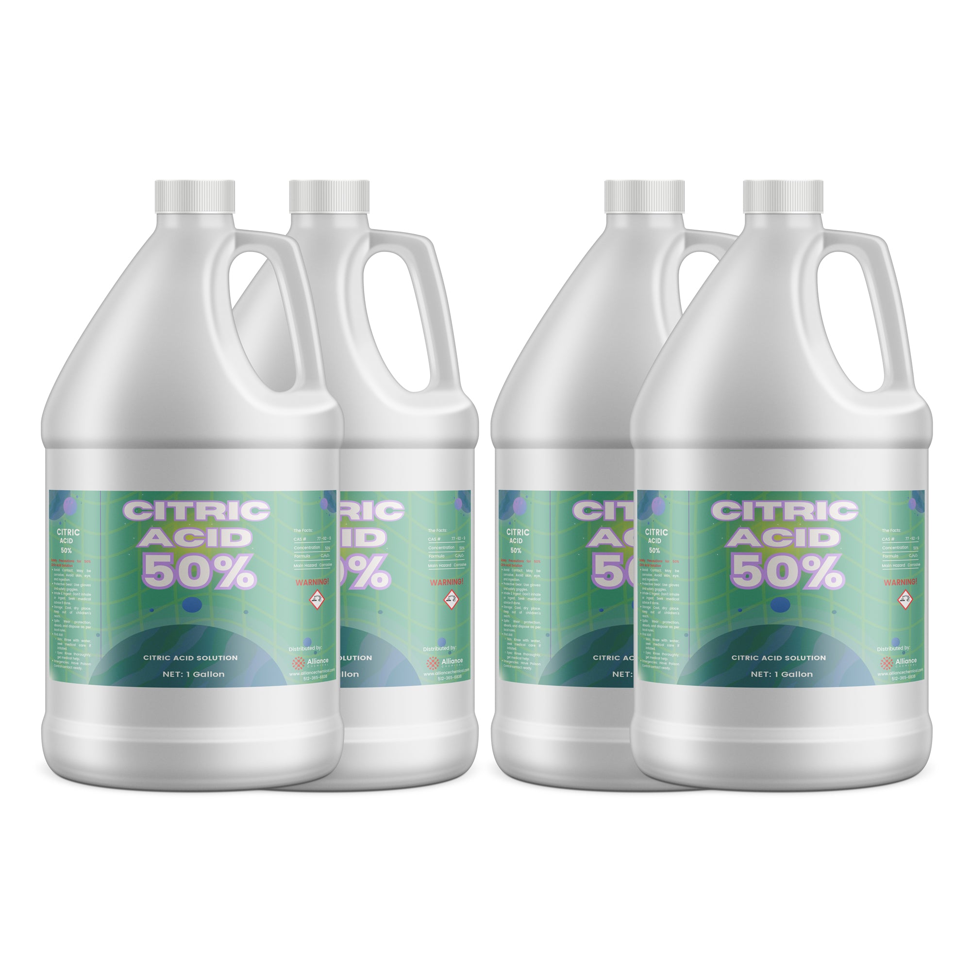 4x1-gallon HDPE jugs of 50% Citric Acid solution in white containers with green labels, hazard warning symbols, and ribbed safety caps.