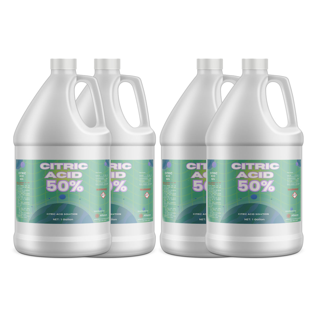 Four 1-gallon HDPE jugs of Alliance Chemical Citric Acid 50% Solution with white caps and product labels