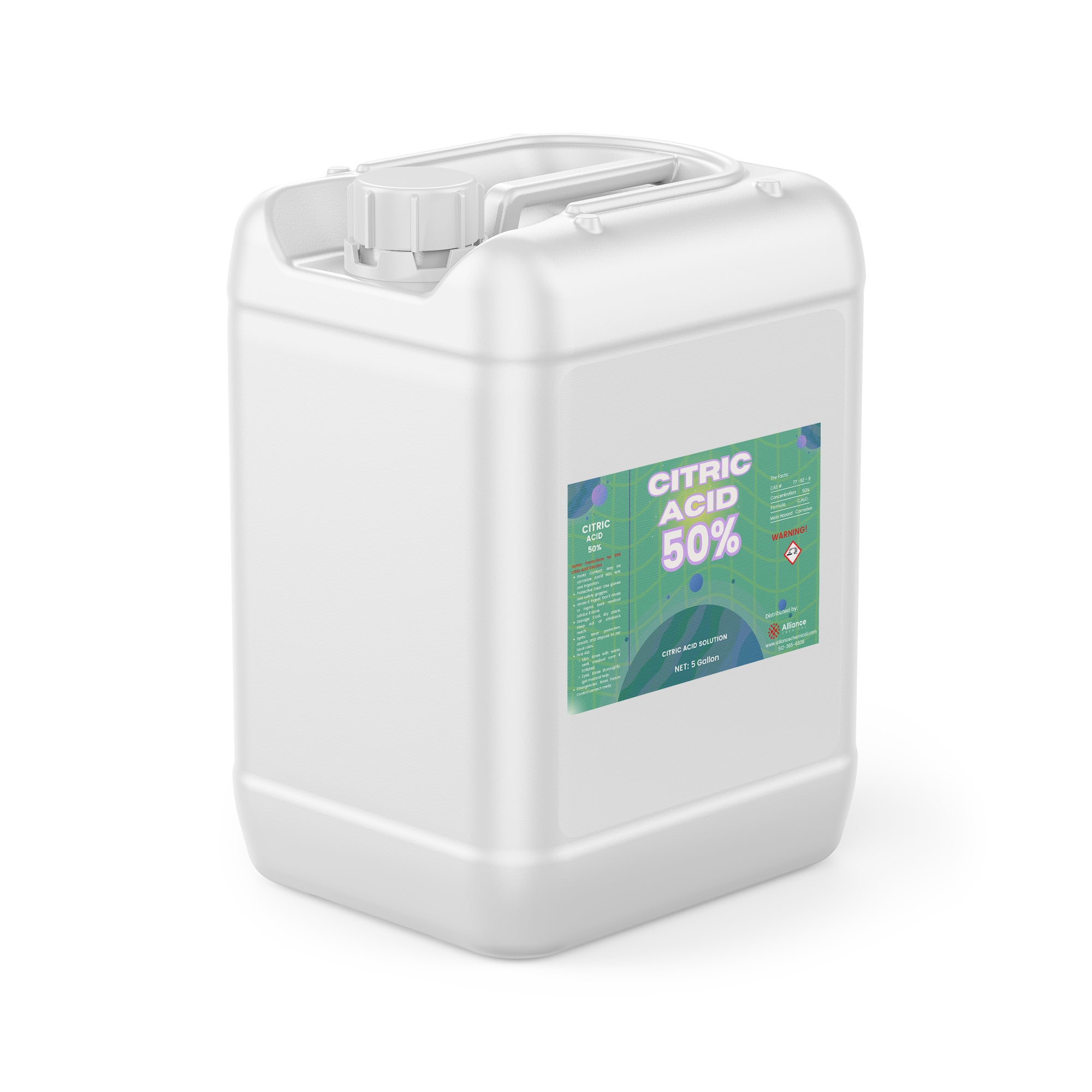 5-gallon white HDPE container of 50% Citric Acid solution with green label, hazard warning symbol, and industrial-grade screw cap closure.