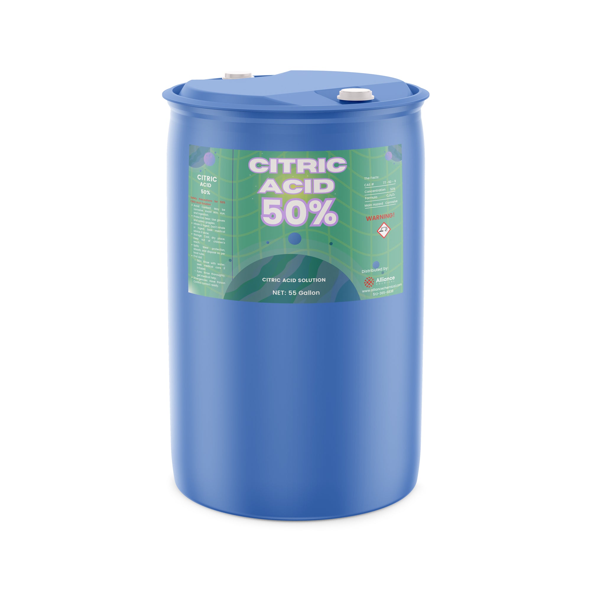 55-gallon blue HDPE drum of 50% Citric Acid solution with green label, hazard warning symbol, and dual-port sealed lid for industrial use.