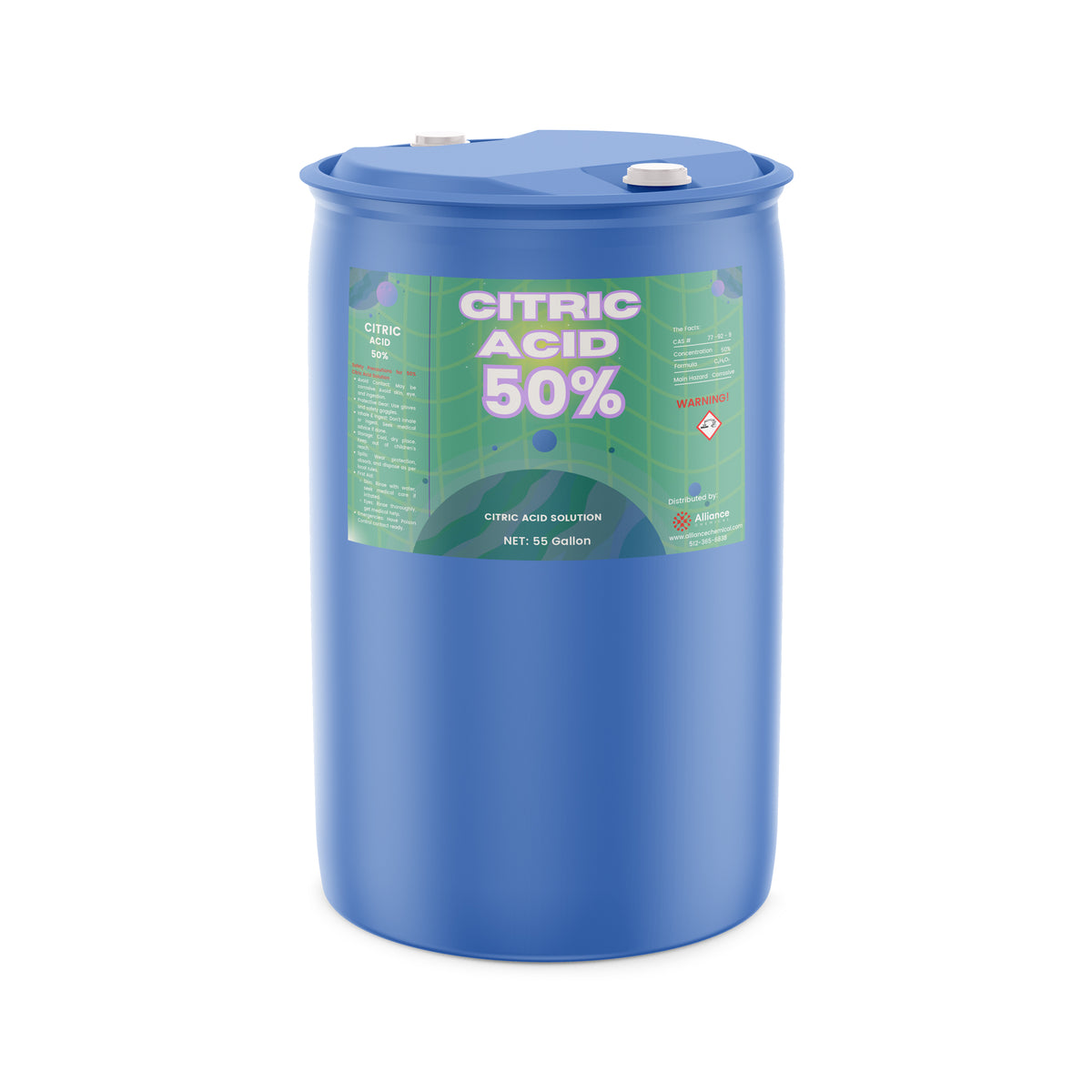 One 55-gallon HDPE drum of Alliance Chemical Citric Acid 50% Solution with blue lid and safety label.