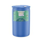 One 55-gallon HDPE drum of Alliance Chemical Citric Acid 50% Solution with blue lid and safety label.