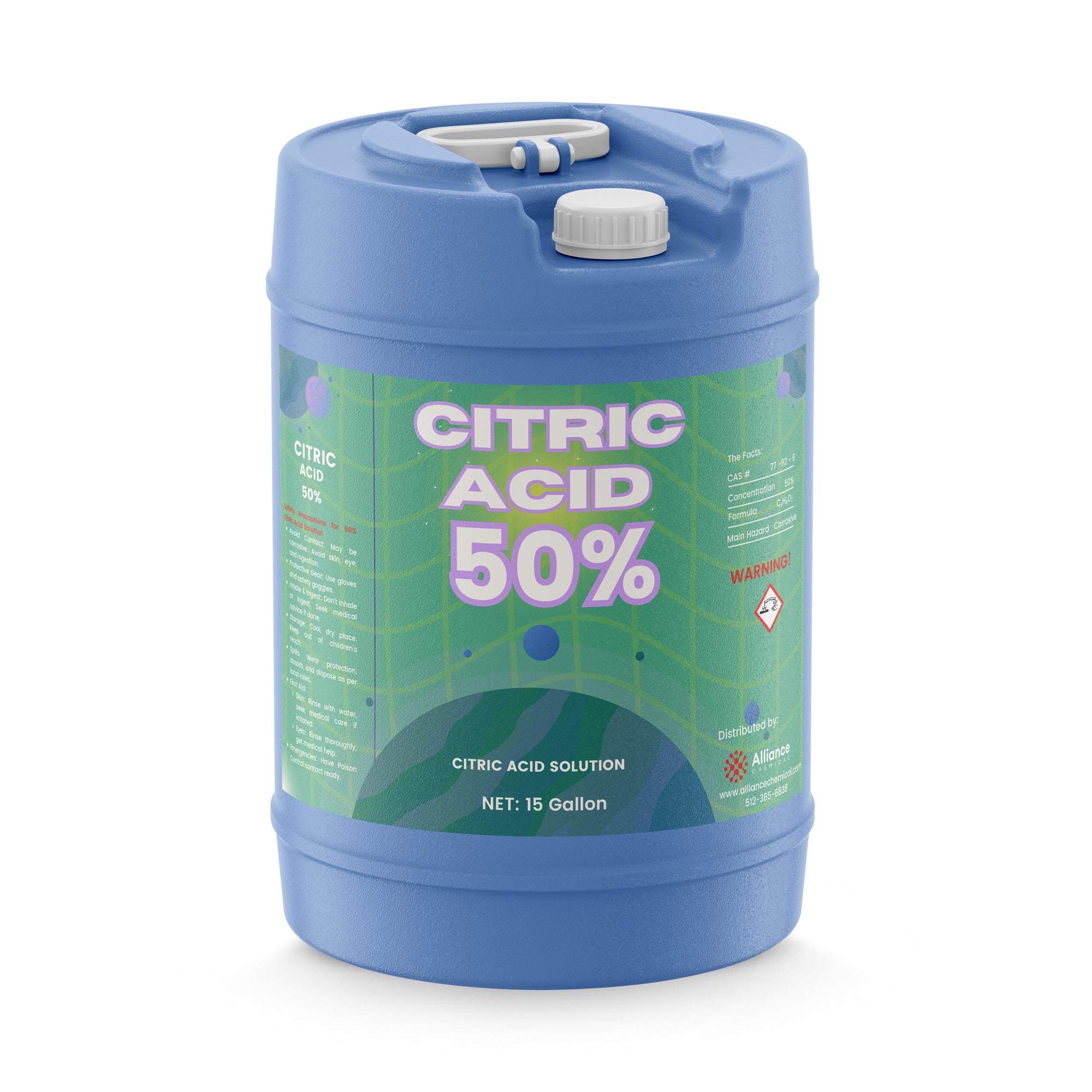 15-gallon blue HDPE carboy of 50% Citric Acid solution with corrosive warning symbol, green label design, white screw cap, and industrial handle.