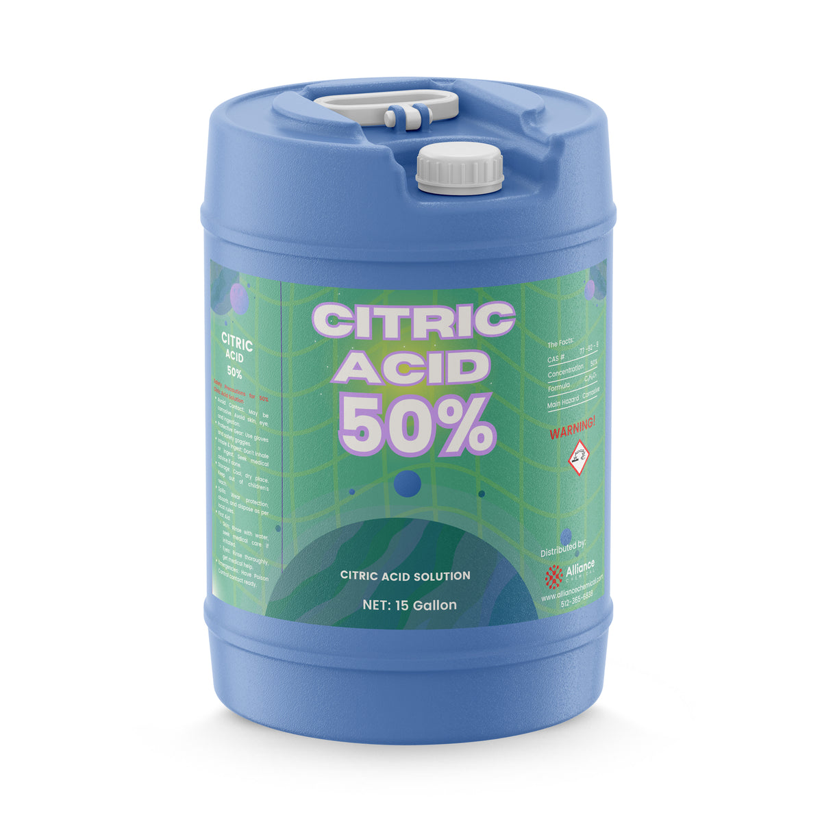 One 15-gallon HDPE pail of Alliance Chemical Citric Acid 50% Solution with handle and white screw cap.