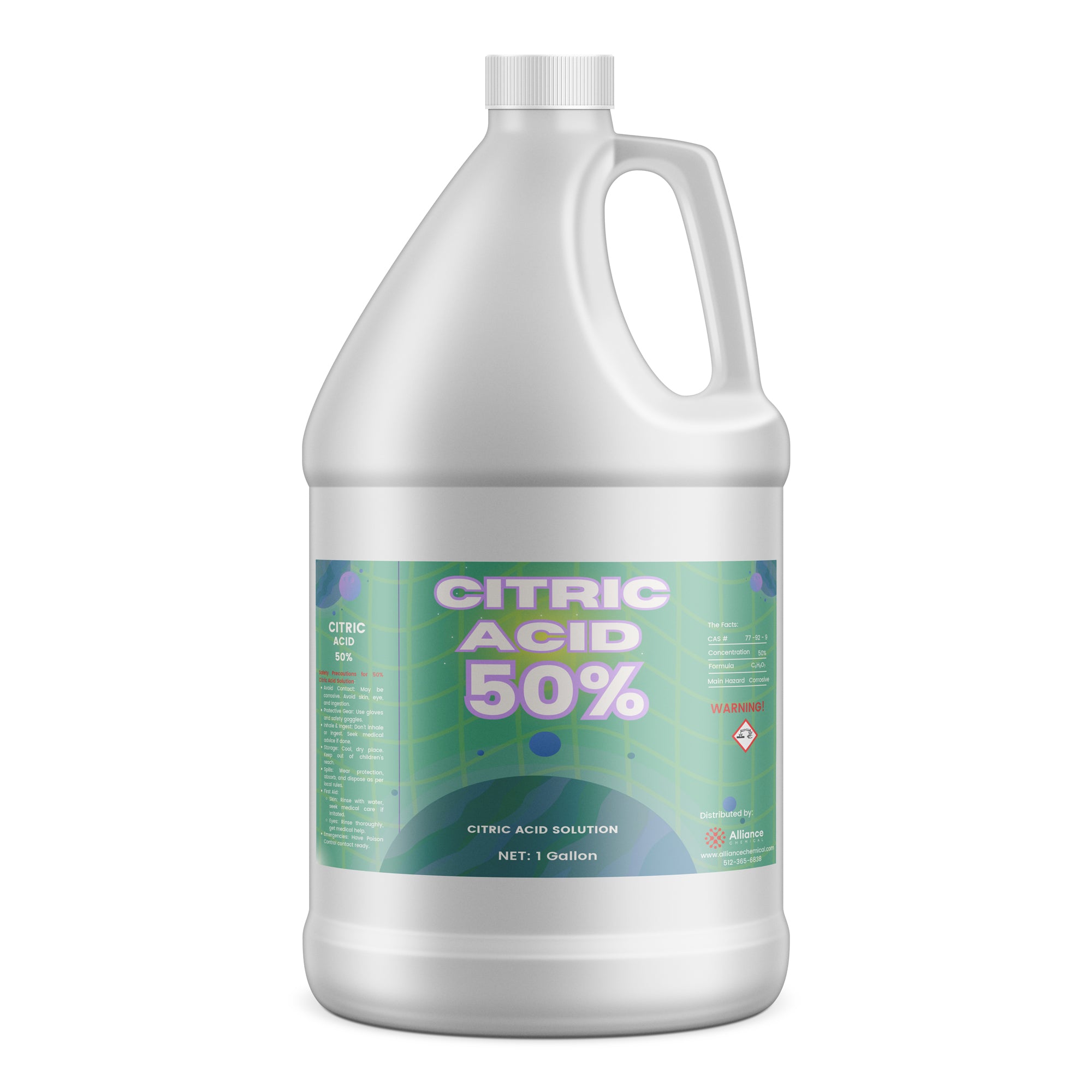 One-gallon industrial citric acid solution (50% concentration) in white HDPE jug with green label, hazard warning symbol, and ribbed cap by Alliance Chemical.