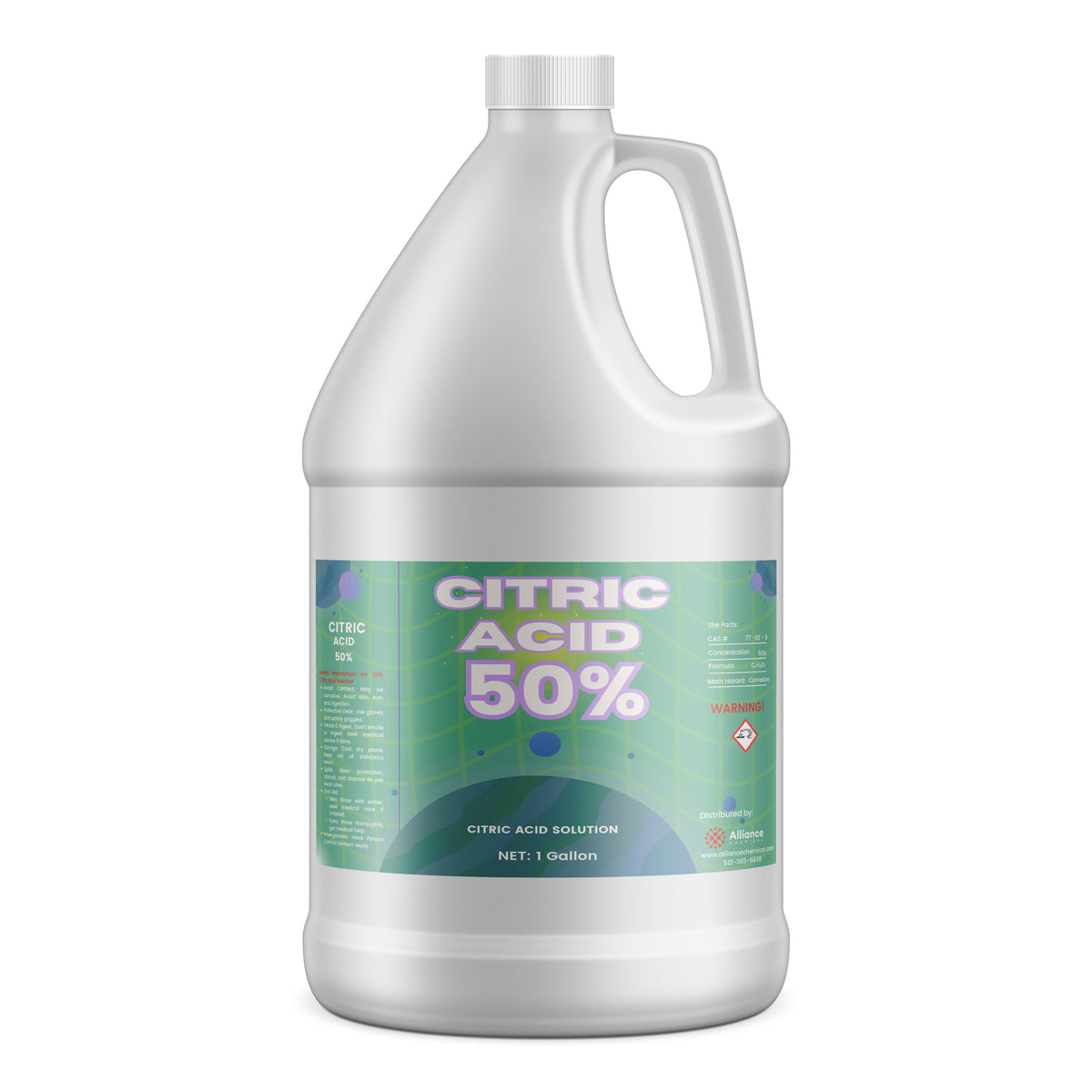 Alliance Chemical One-gallon industrial citric acid solution (50% concentration) in HDPE jug hazard warning symbol