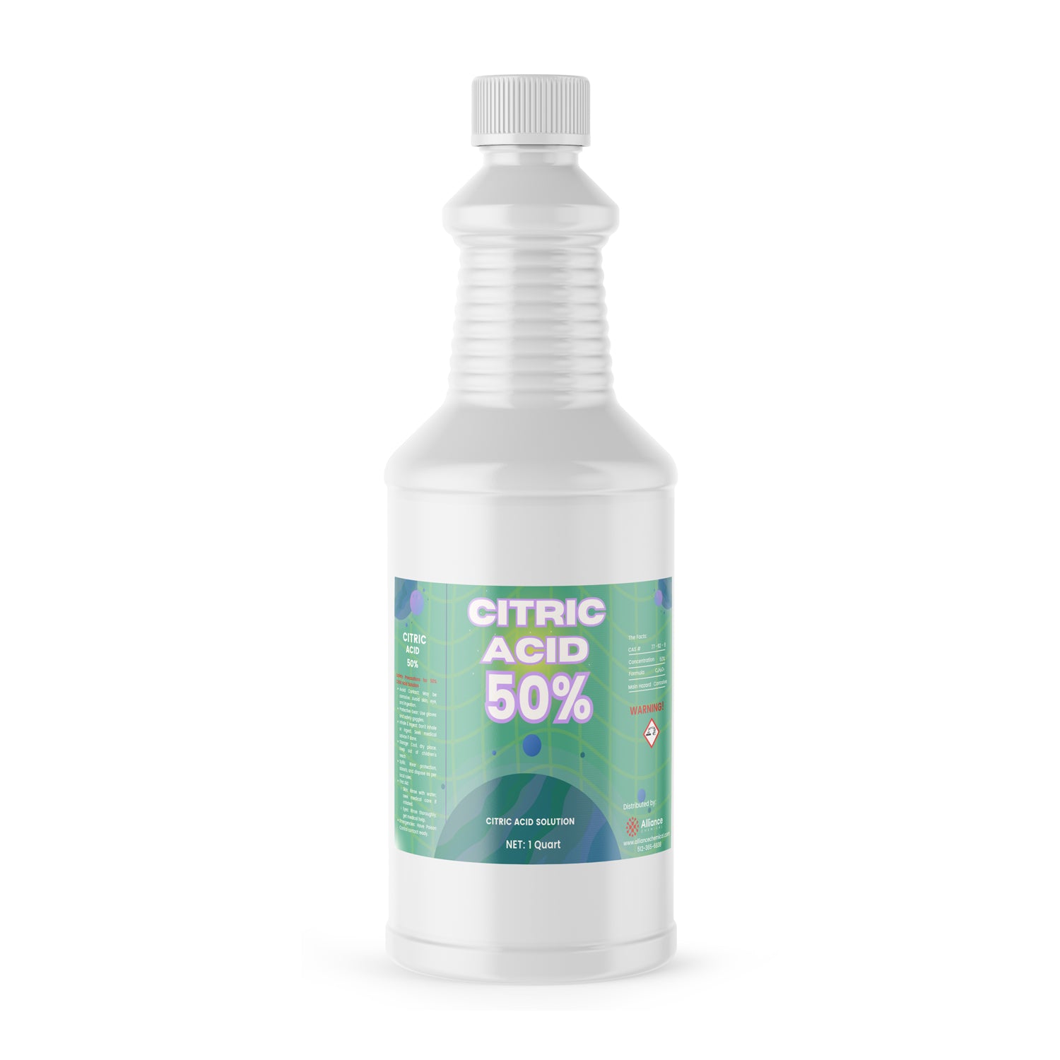 1-quart white HDPE bottle of 50% Citric Acid solution with ribbed grip design, green label, hazard warning symbol, and child-resistant cap.