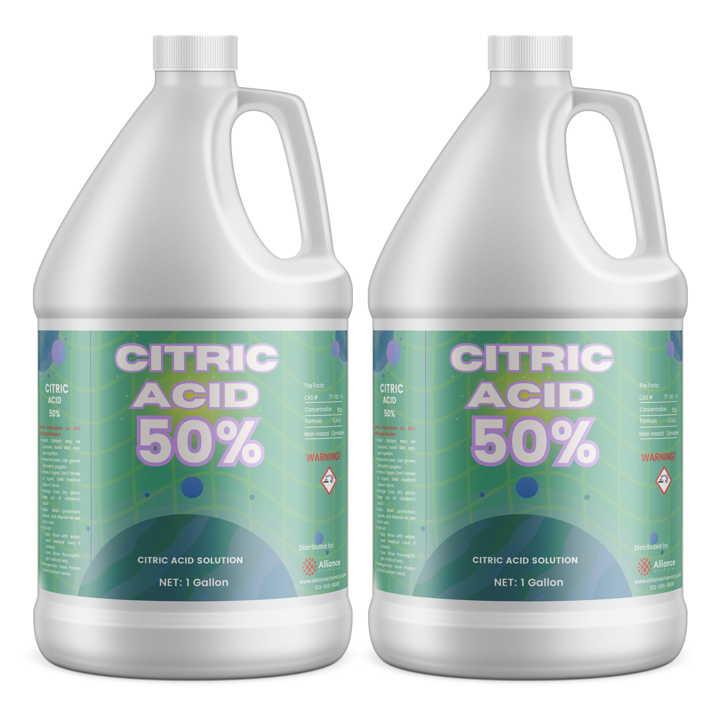 Two 1-gallon HDPE jugs of 50% citric acid solution with green gradient labels, corrosive warning symbols, and white ribbed caps, distributed by Alliance Chemical.