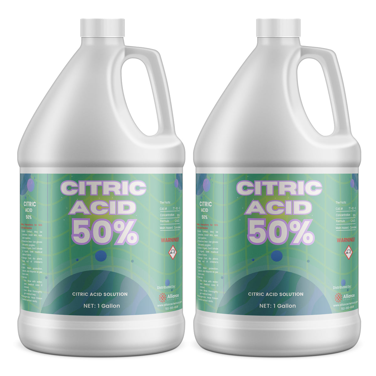Alliance Chemical Two 1-gallon HDPE jugs of 50% citric acid solution corrosive warning symbols, and white ribbed caps