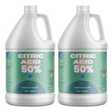 Alliance Chemical Two 1-gallon HDPE jugs of 50% citric acid solution corrosive warning symbols, and white ribbed caps