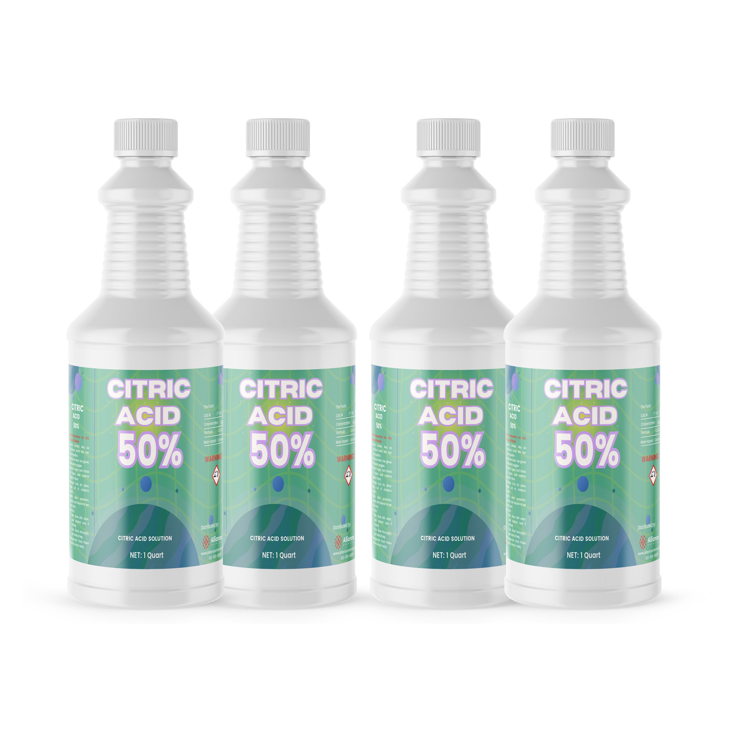 4x1-quart white HDPE bottles of 50% Citric Acid solution with green labels, chemical hazard symbols, and ribbed safety caps, industrial-grade.