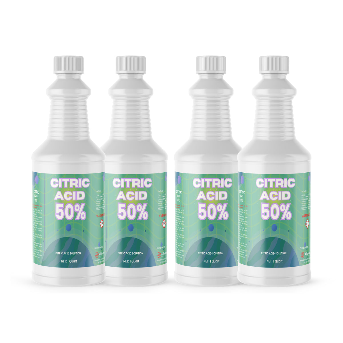 Four 1-quart HDPE jugs of Alliance Chemical Citric Acid 50% Solution with white screw caps and product labels.