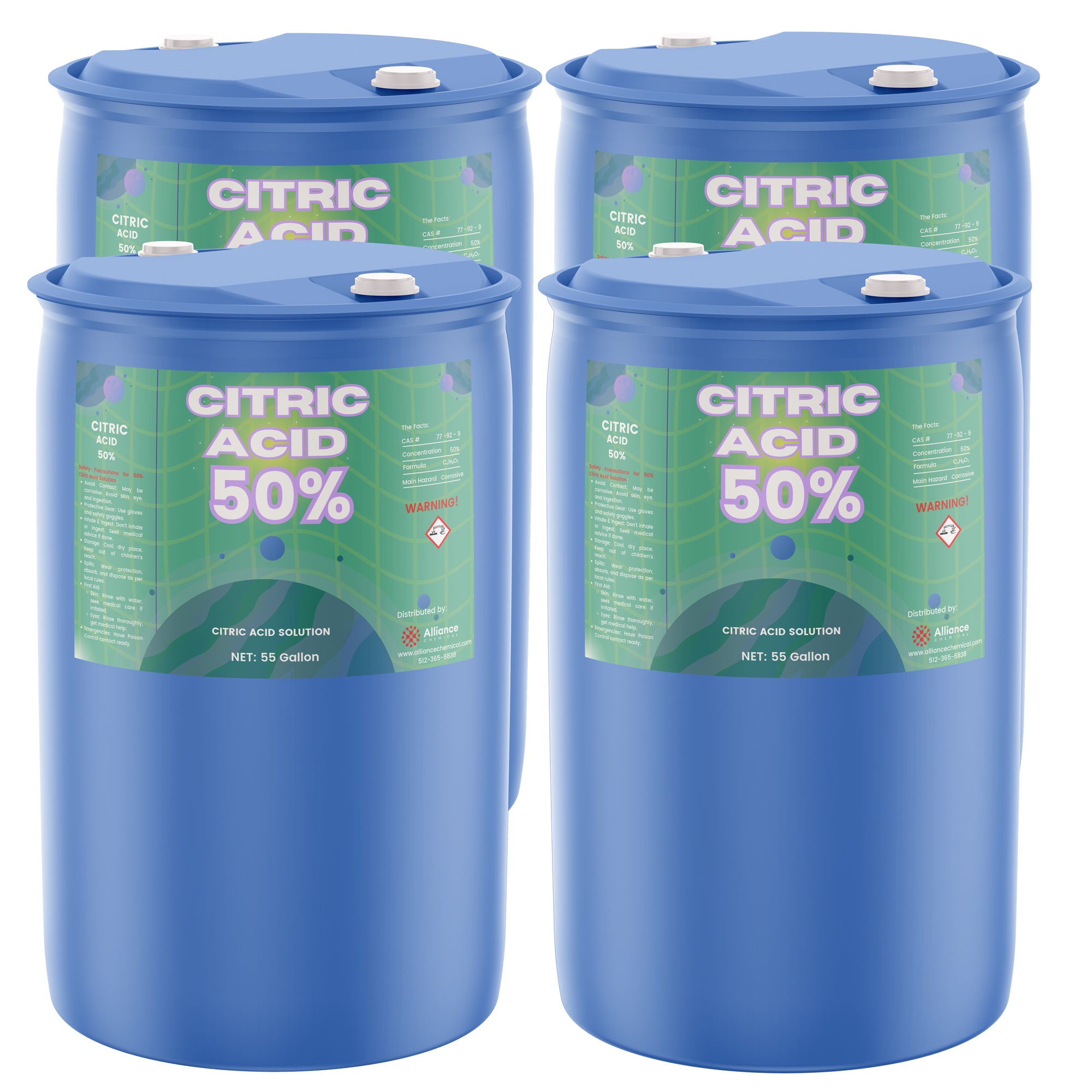55-gallon blue HDPE drums of Citric Acid 50% solution (4-pack), featuring green labels, hazard warnings, and secure white caps, distributed by Alliance Chemical.
