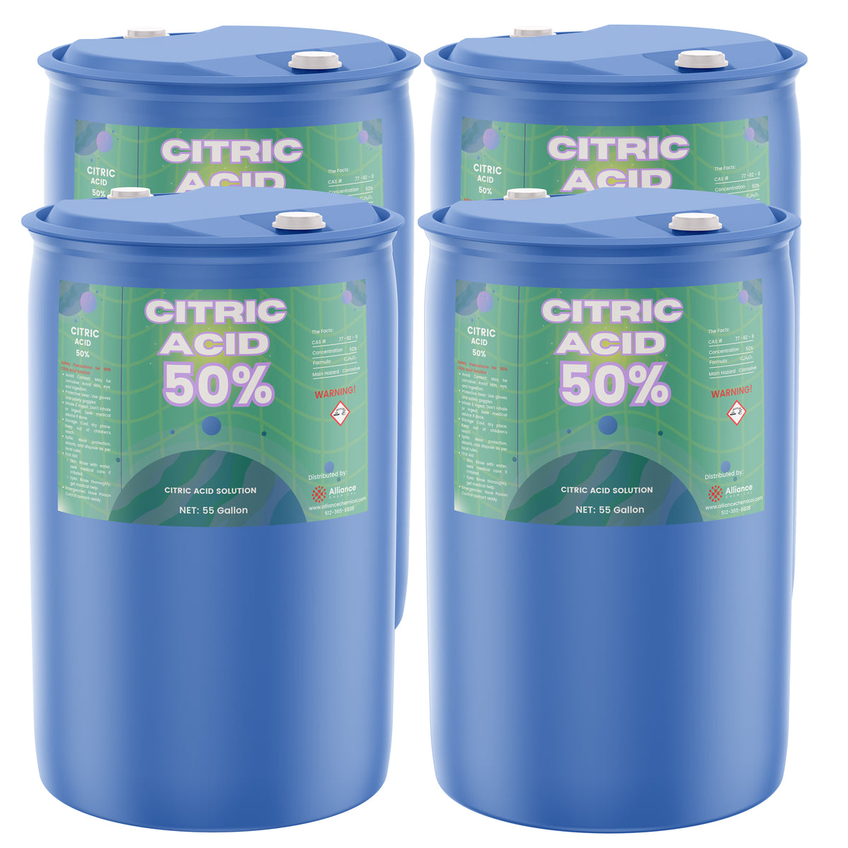 55-gallon HDPE drums of Citric Acid 50% solution (4-pack) hazard warnings, and caps, distributed by Alliance Chemical