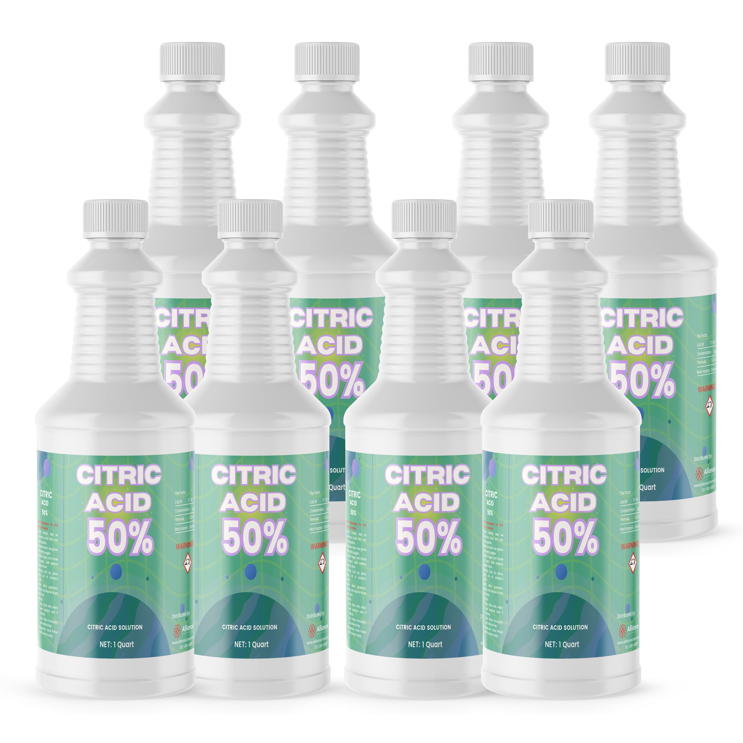 8x1 quart bottles of 50% Citric Acid solution in white HDPE containers with ribbed design, green-blue labels and hazard warning symbols, industrial-grade.