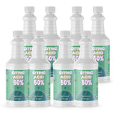 Eight Alliance Chemical Citric Acid 50% Solution 1-quart HDPE bottles with white ribbed caps and product labels