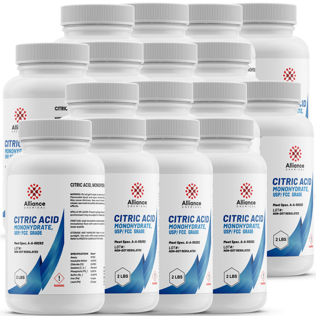 Alliance Chemical 2-lb bottles of USP/FCC-grade Citric Acid Monohydrate, HDPE containers with warning symbols, 36-pack bulk
