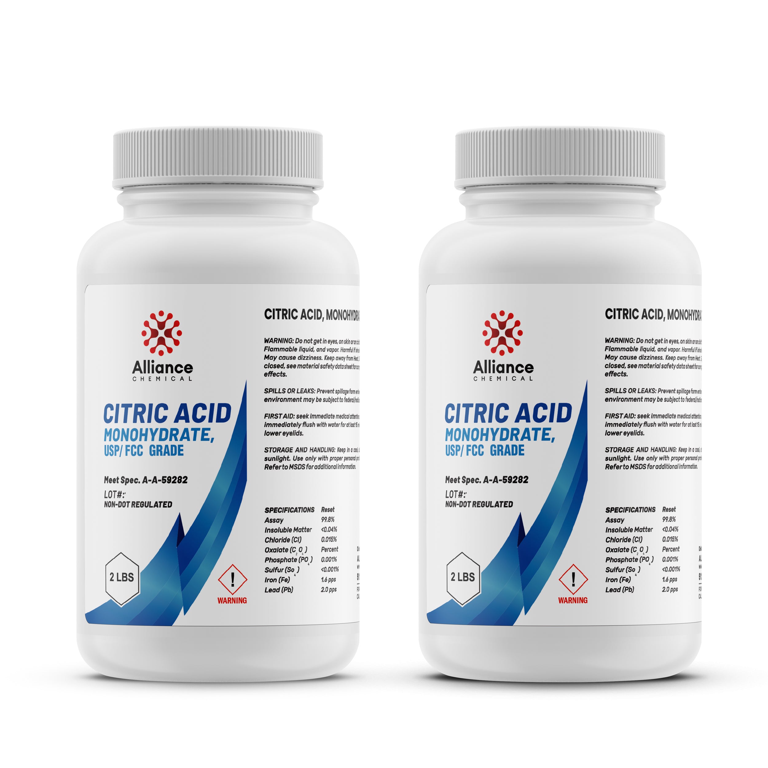 2-lb bottles of USP/FCC grade Citric Acid Monohydrate by Alliance Chemical, white HDPE containers with warning symbol, 99.8% assay, non-DOT regulated.