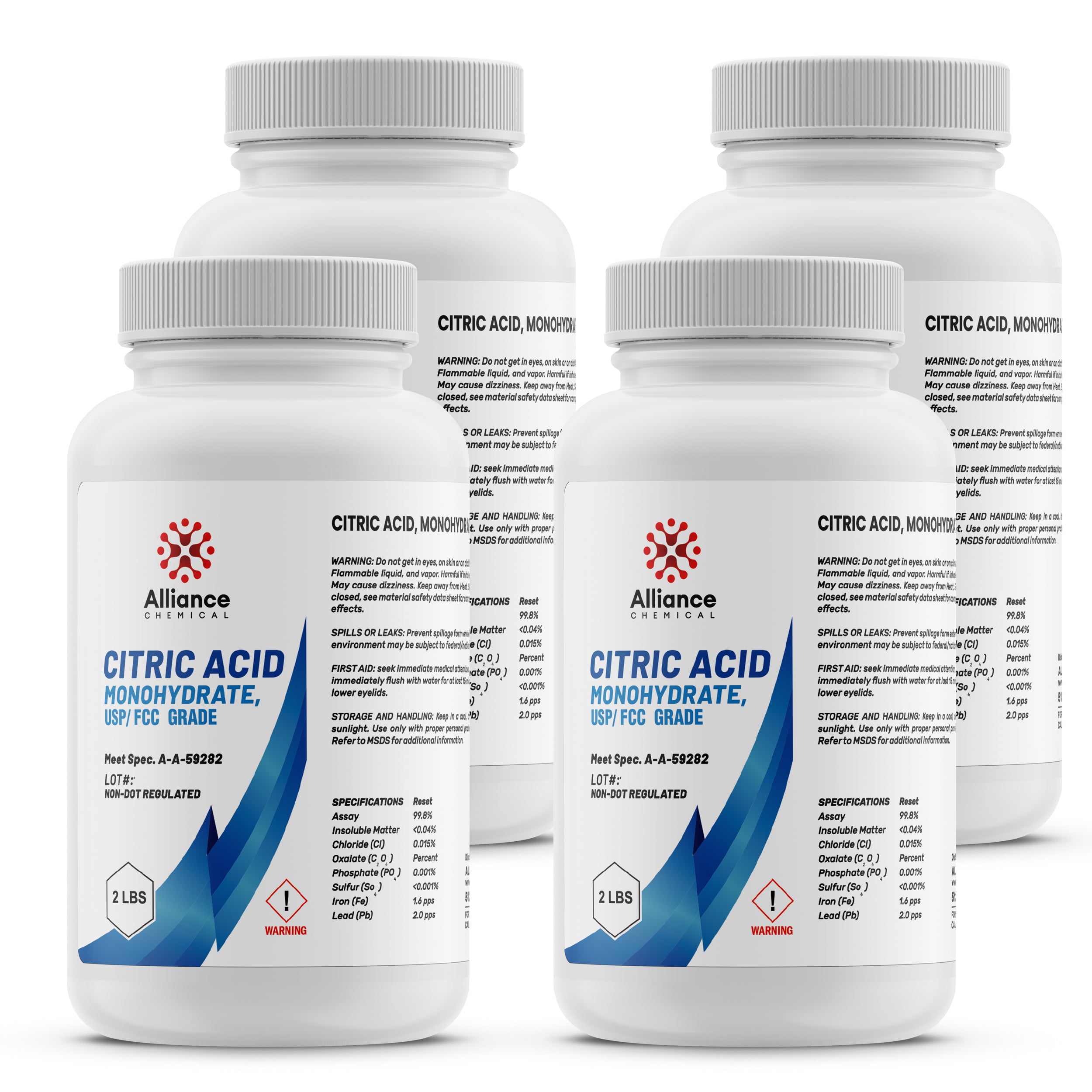 2-lb containers of USP/FCC grade Citric Acid Monohydrate in white HDPE bottles, featuring Alliance Chemical branding, warning symbols, and specification details.