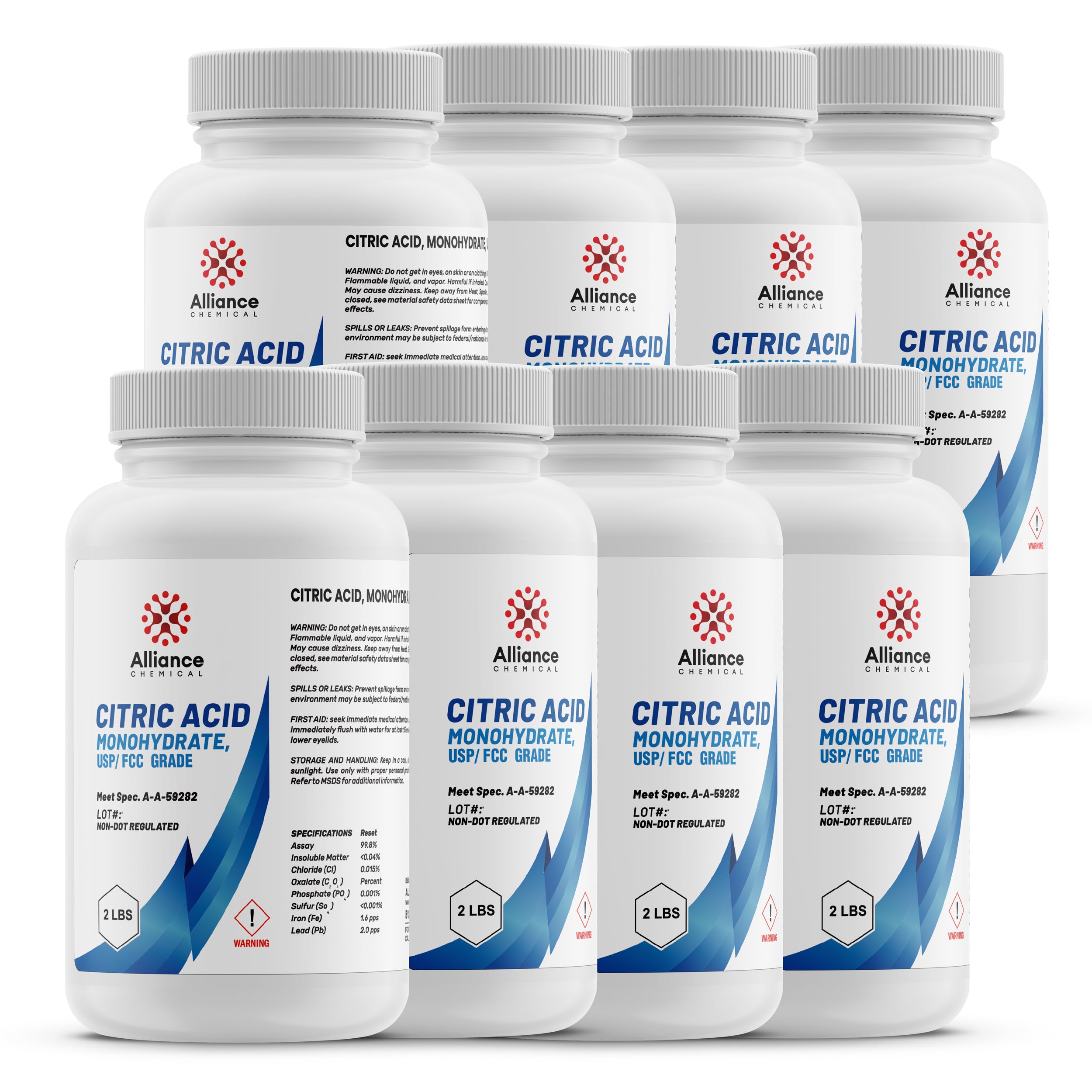 2-lb bottles of USP/FCC-grade Citric Acid Monohydrate by Alliance Chemical, 8-pack with warning symbols, white HDPE containers, meets Spec. A-A-59282.