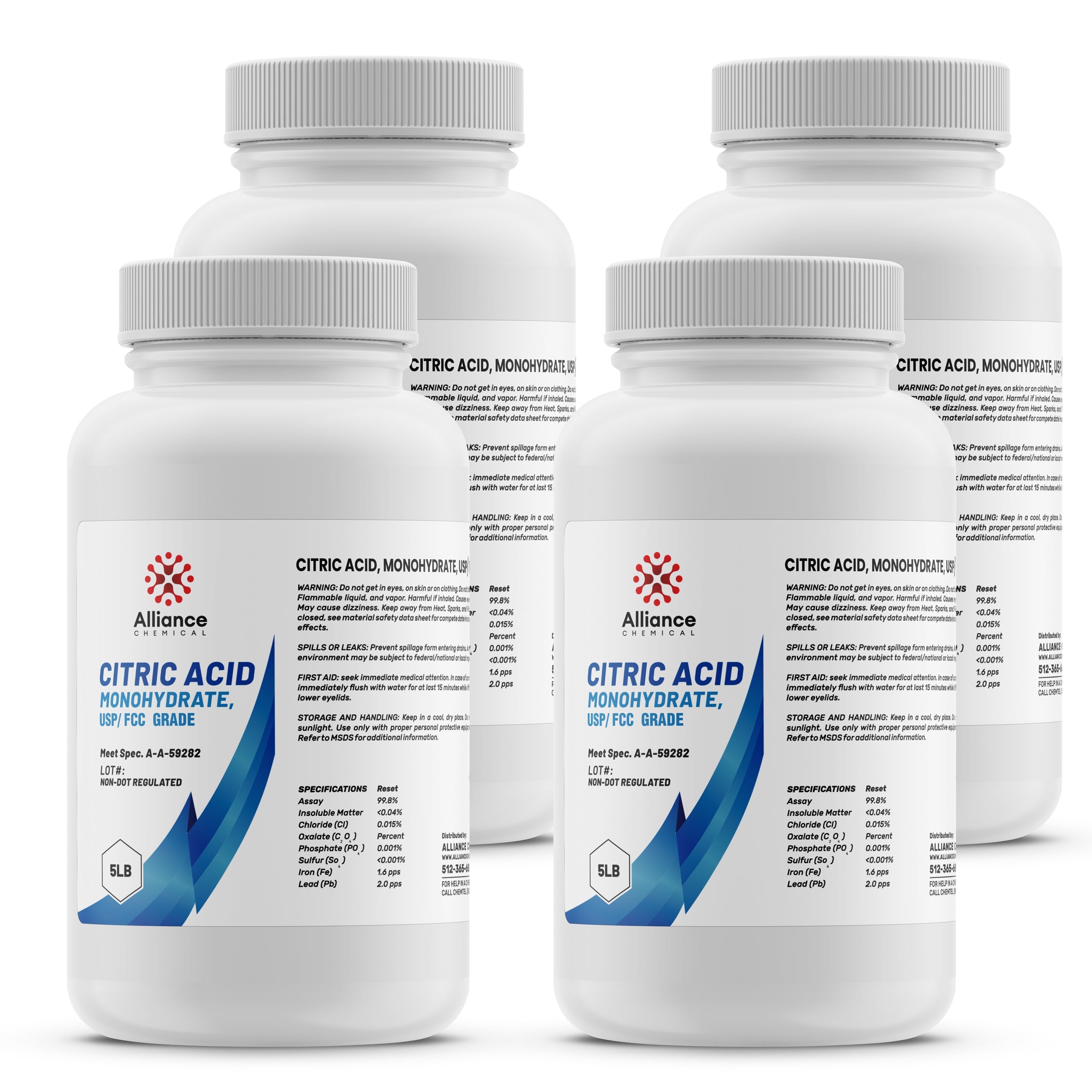5-pound bottles of USP/FCC grade Citric Acid Monohydrate by Alliance Chemical in white HDPE containers with safety warnings and specifications panel, 4-pack.