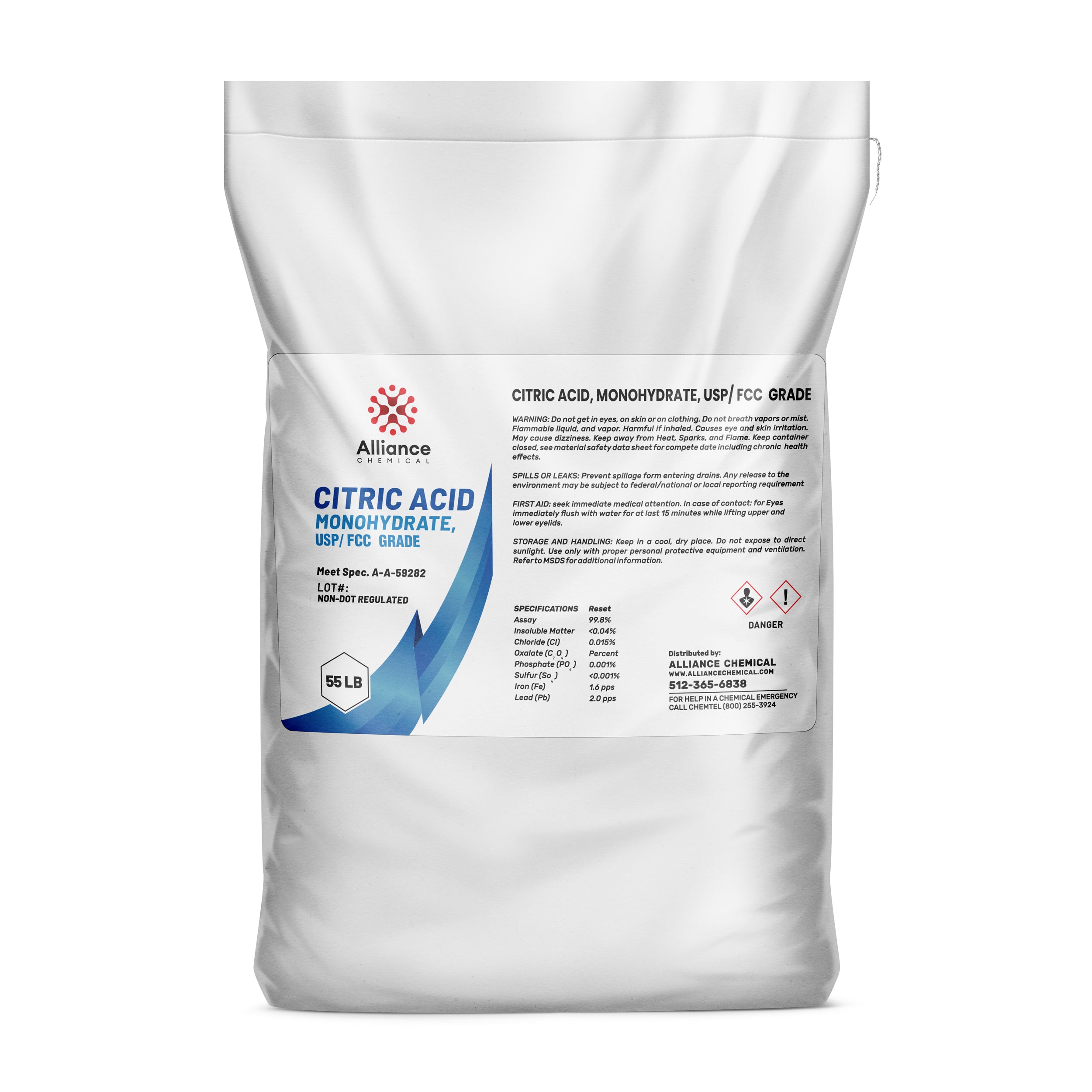 55lb bag of Citric Acid Monohydrate USP/FCC grade by Alliance Chemical, white industrial packaging with danger symbols, 99.6% assay specification.