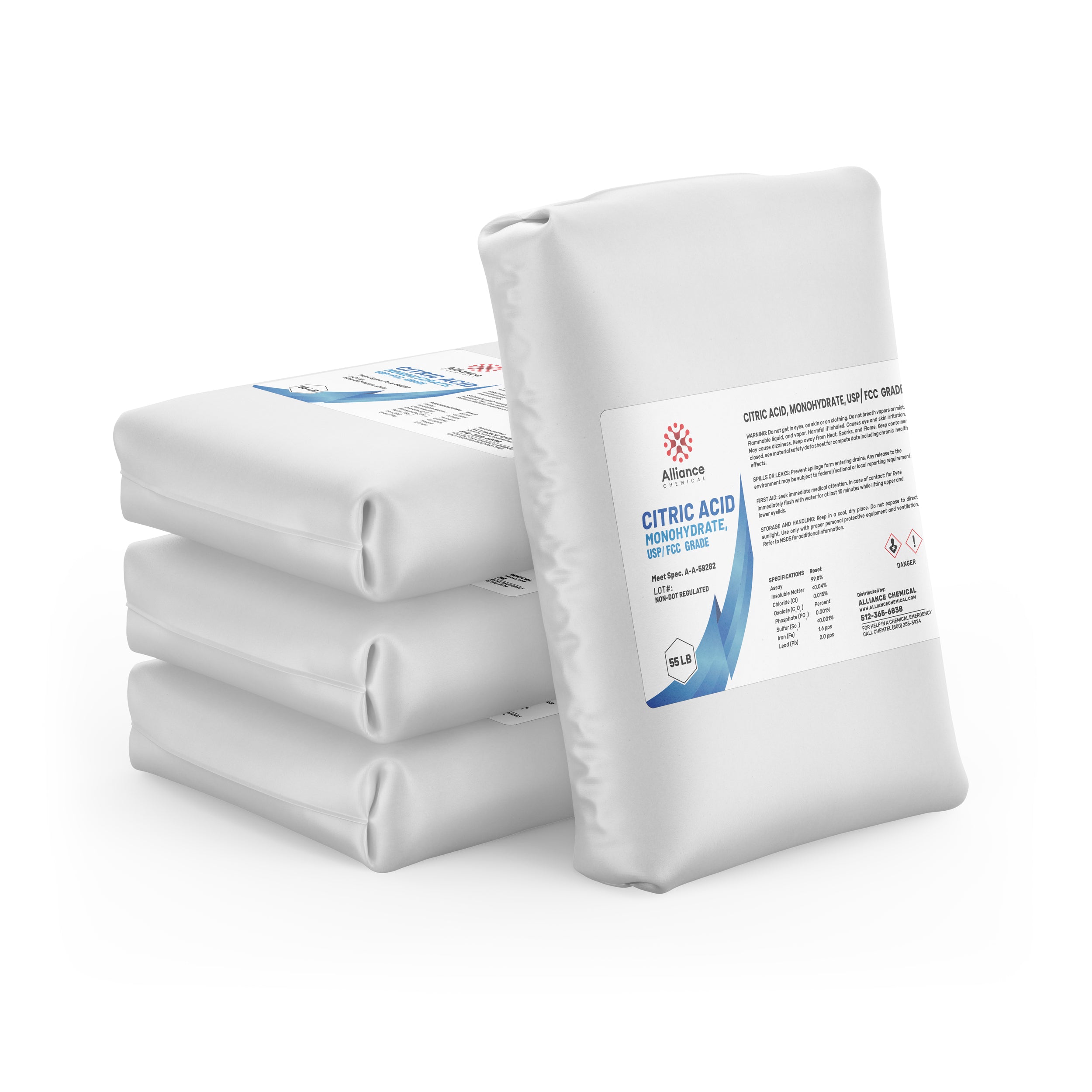 55lb bags of USP/FCC-grade Citric Acid Monohydrate in white moisture-resistant packaging with Alliance Chemical branding and GHS hazard symbols.