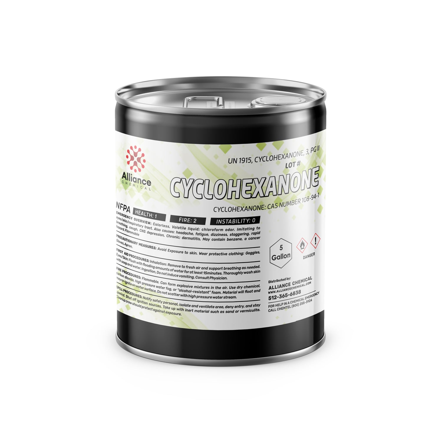 5-gallon steel drum of Cyclohexanone ACS grade solvent with NFPA diamond (Health:1, Fire:2, Instability:0), UN1915 designation, flammable warning symbols.