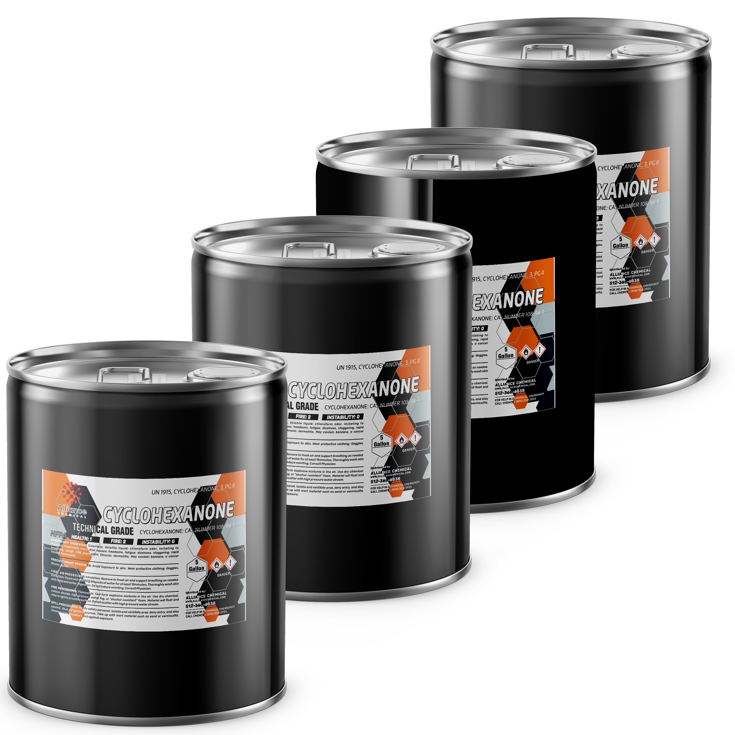 5-gallon drums of technical-grade Cyclohexanone in black steel containers with UN1915 designation, GHS hazard symbols, and industrial chemical safety labeling.