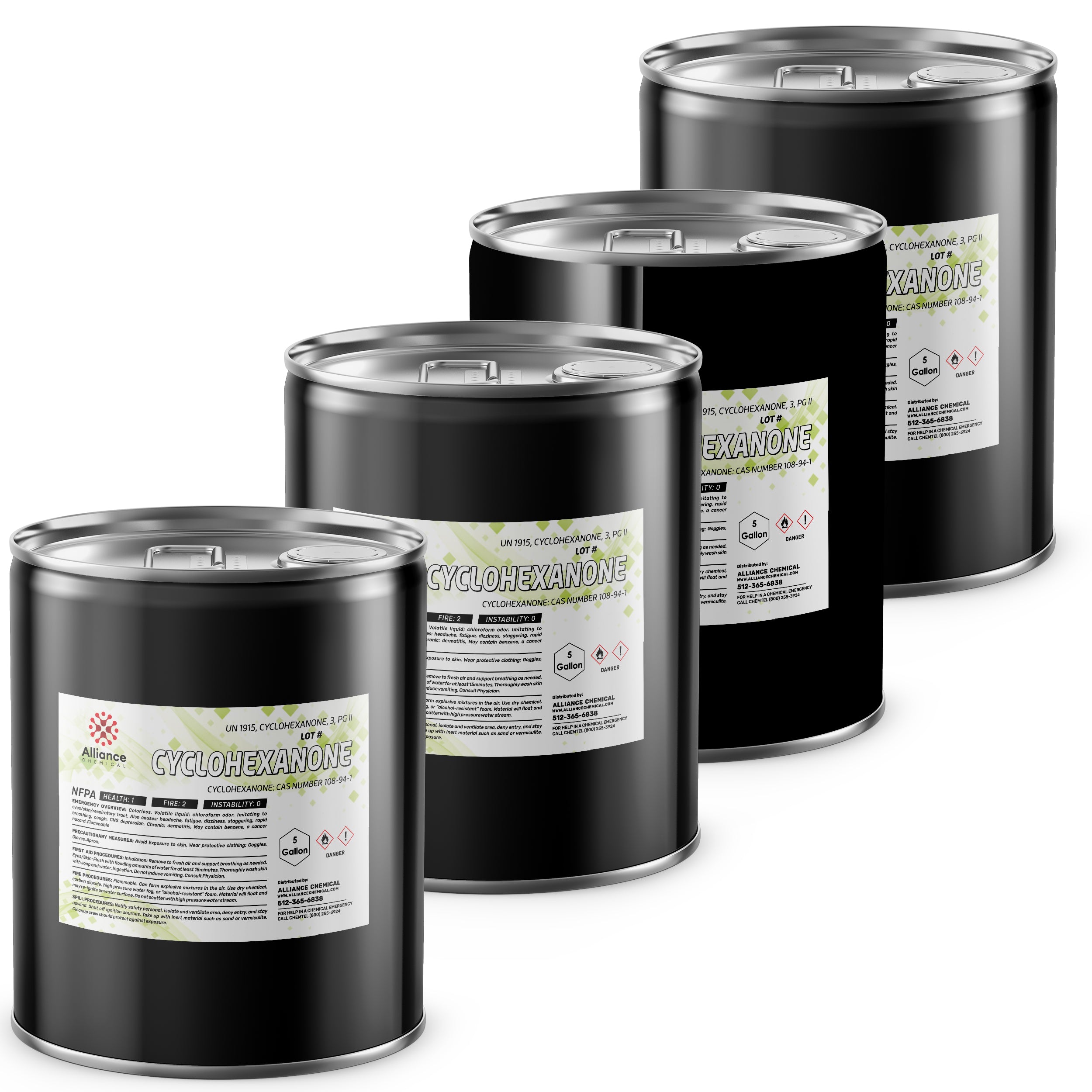 4x5-gallon steel drums of ACS-grade Cyclohexanone by Alliance Chemical, featuring UN1915 hazard labels, NFPA diamond, and safety information.