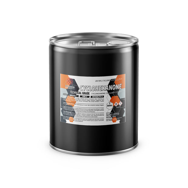 5-gallon black steel drum of technical-grade Cyclohexanone, flammability warning symbols, and Alliance Chemical safety label