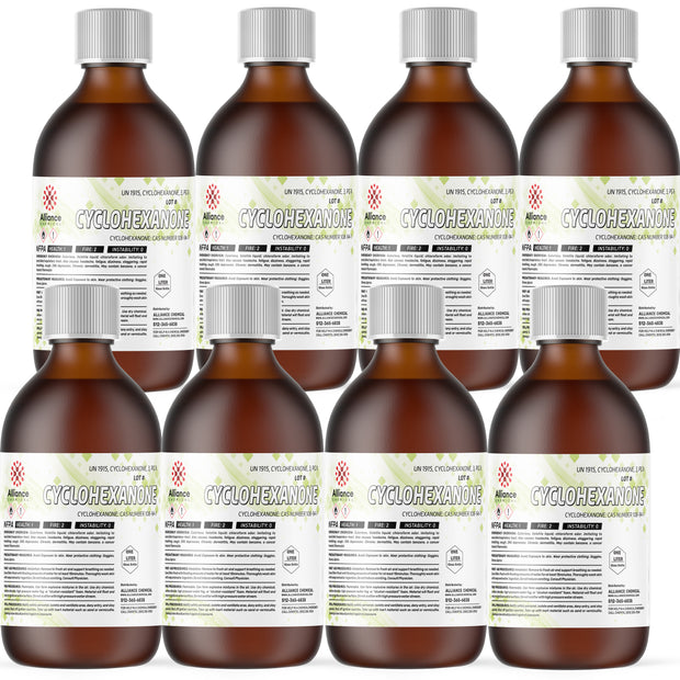 Alliance Chemical 8x1L amber glass bottles of ACS-grade Cyclohexanone, labeled with UN1915 hazard symbols and NFPA diamond