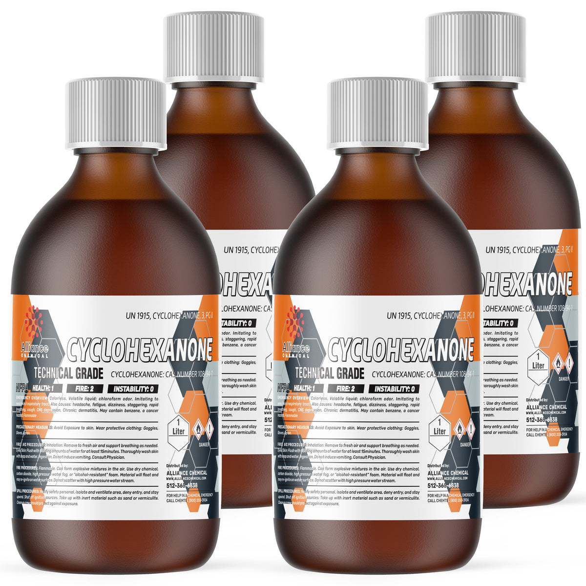 Four 1-liter glass bottles of Alliance Chemical Cyclohexanone Technical Grade with white screw caps and product labels