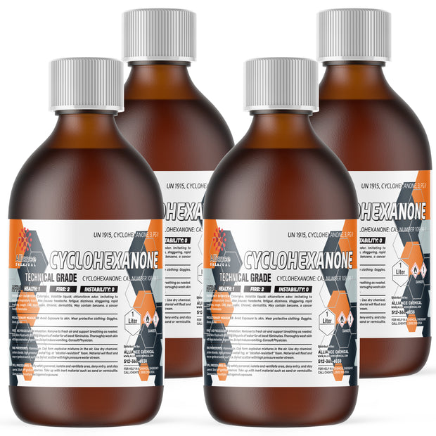 Four 1-liter glass bottles of Alliance Chemical Cyclohexanone Technical Grade with white screw caps and product labels