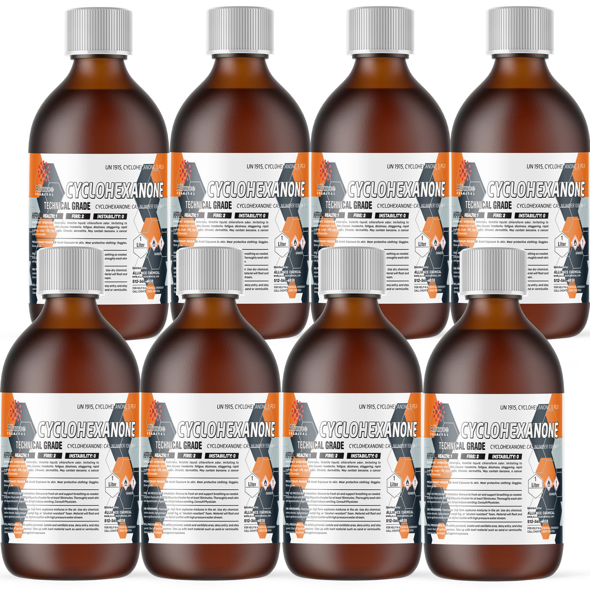 Eight 1-liter glass bottles of Alliance Chemical Cyclohexanone Technical Grade with silver caps and safety labels
