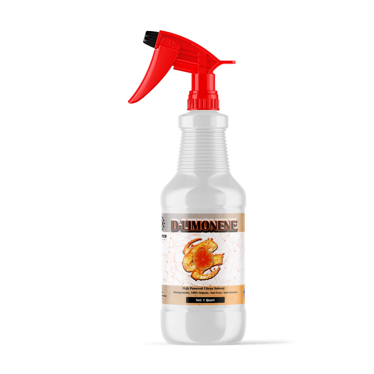 1-quart D-Limonene citrus solvent in white HDPE bottle with red trigger sprayer, biodegradable organic formula, industrial-grade cleaning agent.