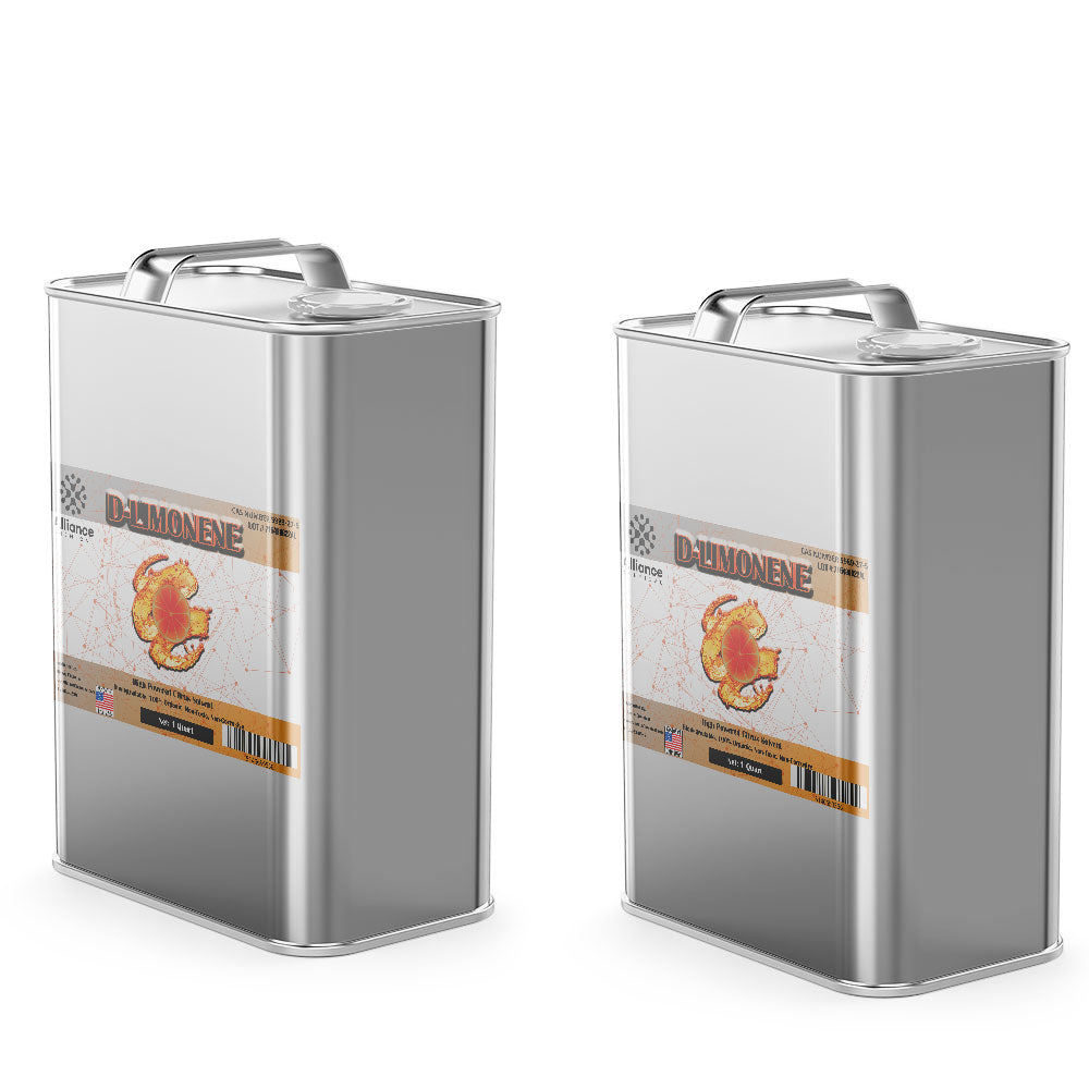 2-quart stainless steel canisters of USP-grade D-Limonene solvent in industrial-grade sealed containers with safety labels and carry handles.